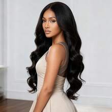 新款时尚黑色28英寸中分长卷发合成假发，适合日常佩戴 - 黑色 - 查看 5