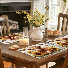 4/6pcs Sunflower & Butterfly Farmhouse Placemats - Heat-Resistant Linen Table Mats With Cute Cow Design, Durable & Easy-Clean, Perfect For Kitchen & Dining Tables, Easy-Clean Mats| Sunflower Pattern| Heatresistant Mats, Sunflower Decor - 農家 - 查看 9