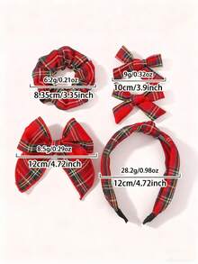 5pcs/Set New Kids Retro Collegiate Style Patterned Linen Fabric Bow Hairclips (Headband + Hair Ties + 2 Butterfly Hair Clips), Children's Hairstyle Gift Set, Red Bow, Suitable For Daily Use - Multicolor - View 4