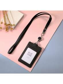 紋理卡片套，可縮收夾和掛繩，適用於學生和專業人士，PU皮革身份證卡卷軸 - 豎 - 查看 20