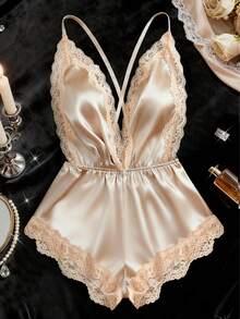 Regalo di San Valentino Nuovo Set di lingerie sexy da donna in tinta unita, scollo a V profondo, spalline regolabili, schiena scoperta, tutina con vita svasata, patch in pizzo, body da casa - Champagne - Visualizzare 3