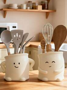 1 Set Cute Cartoon Ceramic Utensil Storage Box, Adorable Smiling Face Cartoon Character Design, Can Store Spoons, Chopsticks And Other Cooking Tools, Fun Decorative Utensil Storage Canister, Practical And Interesting Kitchen Accessory To Enhance Your Cooking Space - Multicolor - View 2