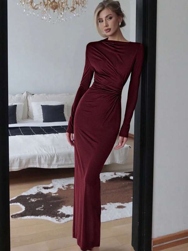 Women's Autumn Round Neck Waist Pleated Long-Sleeved Elegant Party Cocktail Dress