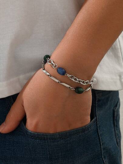 1pc Fashionable Personalized Stainless Steel Multi-Layer Metal Splicing Chain Colorful Cat Eye Stone Design Men Bracelet, Casual Accessory