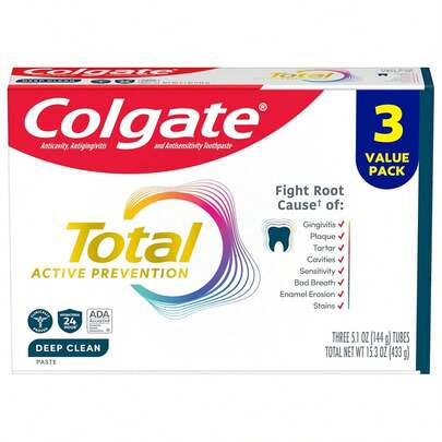 colgate Total Active Prevention Deep Clean Toothpaste, Anticavity Fluoride Toothpaste, Clinically Proven Fluoride Formula Helps Fight Plaque Bacteria, Mint, 3 Pack, 5.1 Oz, Daily Oral Care, New Year Clean Mint Routine