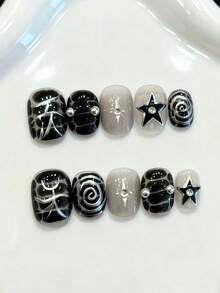 10片装短椭圆手工按压式美甲贴片，适合派对和日常佩戴，黑色美甲贴片，可爱美甲贴片，短椭圆美甲贴片，星星图案，闪亮耀眼，黑色美甲贴片，易于佩戴。10片装Y2K手工按压式美甲贴片，秋季美甲贴片，秋季风格，适合女孩和女士参加节日派对和日常佩戴的美甲用品。 - 黑與白 - 查看 9