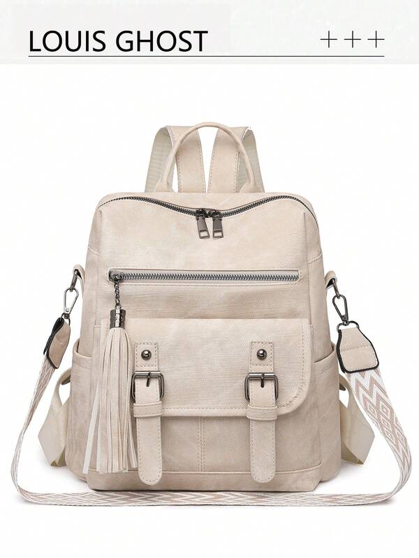 [Milk White Leather Shoulder Bag] Streaming Tassels * Metal Buckle Decorations | A Set To Unlock The Healing Aesthetics Of Commuting Leisure The Milk White High-Quality Leather Body Flows With A Warm Luster, And The Natural Texture Recreates The Retro Texture.