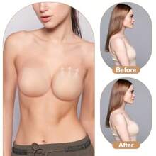 Push Up Adhesive Backless Strapless Bra Seamless Cakes Added Lift UltraThin Sticky Pasties Nipple Covers Silicone Strapless Adhesive Bras Breast Petals Beige - 如圖 - 查看 6