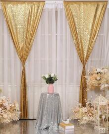 Premium Sequin Backdrop Curtain & Decor Collection – Glitter Wall/Photo Backdrop 2x8FT + Decorative Elements, Perfect For Christmas Decorations (Tree Skirt Compatible Style), Wedding Decorations, Home Décor (Living Room, Bedroom, Kitchen Curtains). Suitable For Baby Showers, Bachelor/Bachelorette Parties, Engagement Events, Graduation, Mother's Day & Halloween. Sparkling Design, Multiple Color Options, Ideal For Selfie Walls, Table Centerpieces, Bridal Accessories & Daily Room/Shower Curtain Use – Must-Have Holiday & Party Supplies. - 金色 - 查看 8