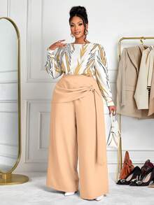 BIUBIU 大码撞色印花衬衫和纯色阔腿裤两件套 - 杏色 - 查看 4