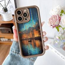 Cubierta de telefono con borde protector color negro diseño de paisaje urbano nocturno con reflexiones en agua y barco iluminado para uso diario y viajes - Café integral - Ver 7