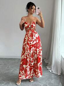 Women's Long Printed Dress With Side Cutouts And Front Ring, Elegant Look - Đỏ - Xem 7
