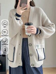 Spring New Contrast Stitching Pocket Design Loose Knitted Cardigan Coat Simple Casual Versatile Women's Sweater - Beige - View 2