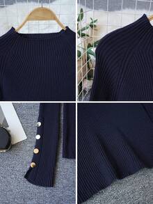 Pull col roulé kaki pour femmes, avec décoration de boutons métalliques, tricot chaud pour superposition, convient pour le travail et le port quotidien, automne/hiver - Bleu marine - Voir 8