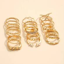 17KM 45/20颗水钻几何戒指套装，休闲简约配饰 - 金黃色 - 查看 3