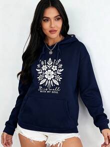 Otoño e invierno patrones retro estampados sombreros sólidos y ropa protectora de mujer de manga larga Blusa de mujer para viajar de vacaciones en el ocio en casa sudaderas para mujer - azul real - Ver 4