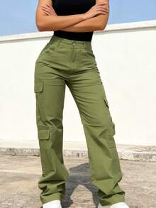 Plain    Casual    Pocket  Button  Zipper    School - 軍綠色 - 查看 2