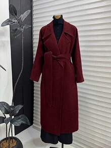 SMILE CHIC Wine Red Lapel Long Coat With Pockets And Belt - Burgundy - View 3