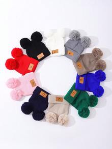 1pc Women's Solid Color Versatile Double Ball Cute Knitted Hat, Suitable For Autumn/Winter Casual Outfit - Aldult - View 14
