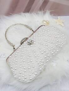 White Color Women Pearl Clutch Bag, Beaded Evening Bag, Wedding Clutch With Handle Suitable For Parties, Weddings, Formal Events, Prom Dresses, Bridesmaids Dresses, Perfect For Party Wedding Prom Dinner/Banquet, Matching With Holiday Party Dress Evening Dress & Sequin Dress Banquet Bag Bridal Wallet Party Pearl Handbag, It Is An Ideal Gift For Women - White - View 3