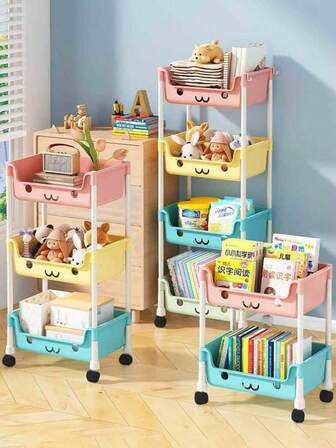 1pc Plastic Macaron Multi-Tier Storage Rack, Toy Organizer With Wheels, Movable Cartoon Display Shelf