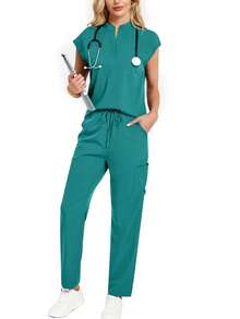 2pcs Set Solid V-Neck Short Sleeve Top And Pants Scrub Set Spring - Cadet Blue - View 7