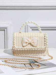 Kids Minimalist Bow Knot Woven Handbag, Straw Crossbody Bag, Storage Pouch, Shoulder Bag - Multicolor - View 2