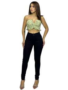 Calça jeans branca feminina skinny lisa Cintura alta - Preto - Visão 6