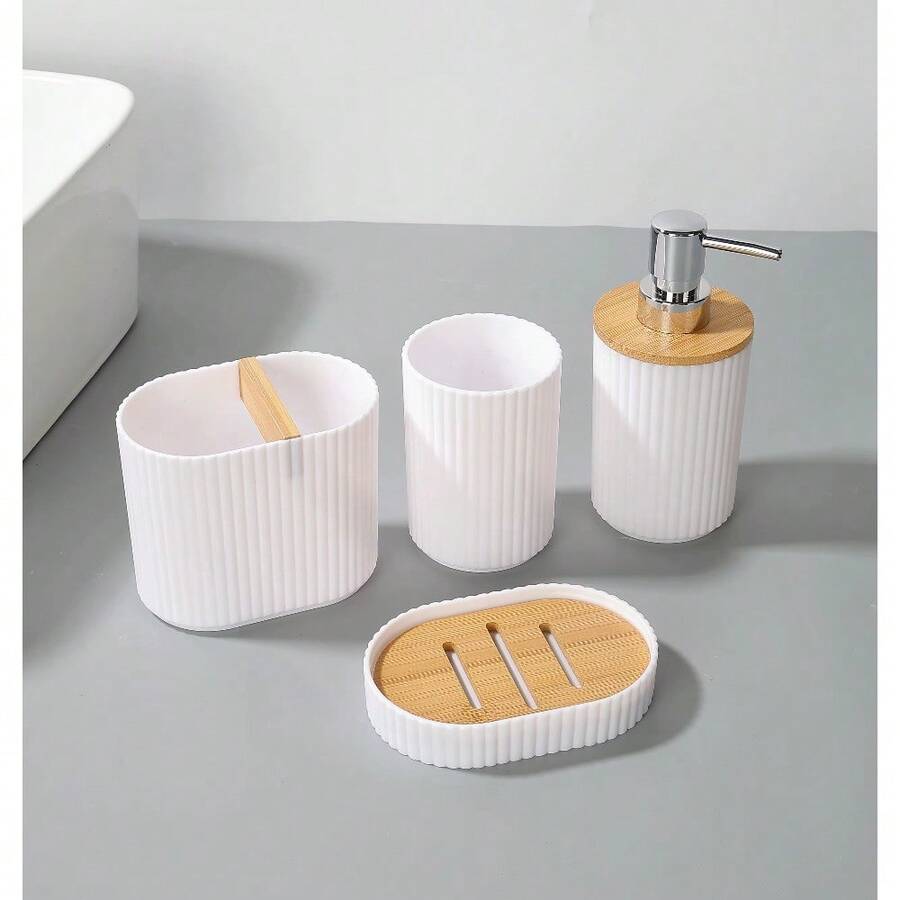 Juego de baño de lujo de estilo europeo de 4 piezas Tapa de bambú y ecológica con dispensador de jabón de plástico - blanco - Ver 1