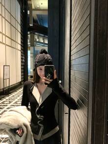 黑色拼接撞色收腰双层下摆多功能二合一针织毛衣，适合女士秋冬春季穿着。 - 黑色 - 查看 6