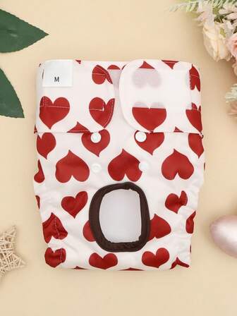 1pc Red Heart-Patterned Puppy Diapers, Washable, Available In Small, Medium, And Large Sizes. Reusable And Suitable For Puppies In Heat.