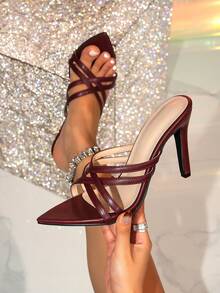 1 Pair Basic High Heel Slide Sandals, Pointed Toe Stiletto, Women Outdoor Summer Shoes - Burgundy - View 1