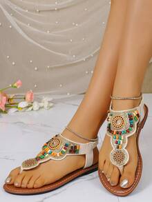 New Rhinestone Embellished Flat Sandals, Fashionable Thong Sandals For Street Wear, Suitable For Various Occasions - Beige - View 2