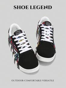 Men's Lace-Up Casual Canvas Sneakers, Fashionable Colorblock Random Graffiti Letter Print