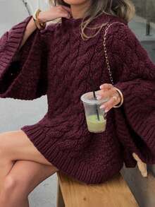 Just Masa 女士春季休闲优雅宽松针织毛衣，圆领长袖麻花针织纯色弹力时尚简约设计基础款中长套头衫，适合通勤、日常穿着、旅行、度假和约会。 - 酒紅色 - 查看 5