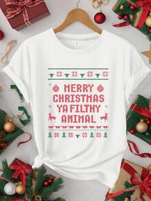 Camiseta de Navidad para Mujer - Divertida Camiseta Gráfica "Feliz Navidad, ¡Tonto Animal!" - Suave Camiseta de Cuello Redondo para Fiestas Navideñas, Regalos y Ropa Casual - Ajuste Cómodo para Todo el Año - Idea de Ropa de Navidad Divertida, Ropa de Navidad, Ropa Festiva para Fiestas - Blanco - Ver 1