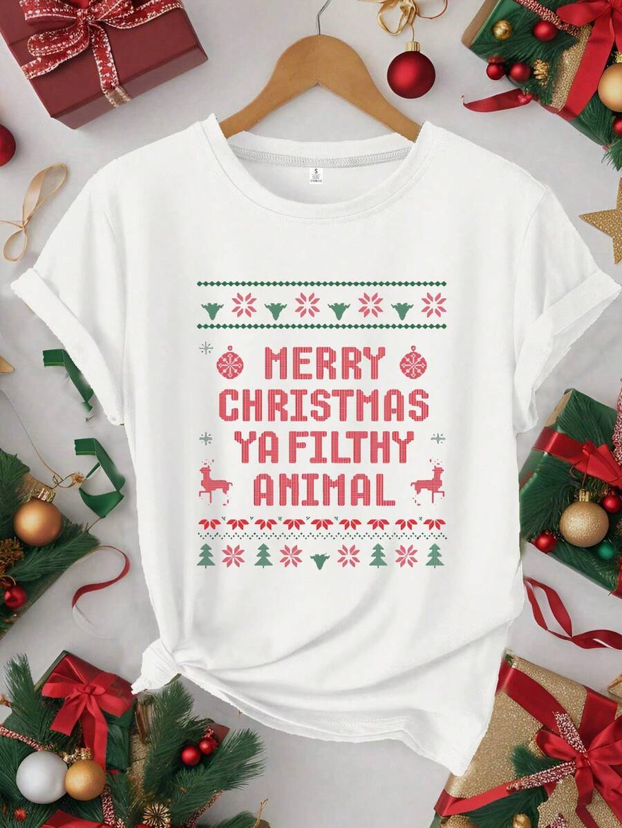 Camiseta de Navidad para Mujer - Divertida Camiseta Gráfica "Feliz Navidad, ¡Tonto Animal!" - Suave Camiseta de Cuello Redondo para Fiestas Navideñas, Regalos y Ropa Casual - Ajuste Cómodo para Todo el Año - Idea de Ropa de Navidad Divertida, Ropa de Navidad, Ropa Festiva para Fiestas - Blanco - Ver 1