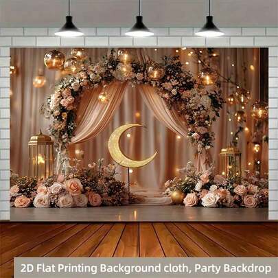 2D涤纶斋月横幅，1件装，浪漫月亮主题婚礼装饰，配有花拱门和灯笼，开斋节拍照道具及用品，适用于穆斯林斋月和宰牲节庆祝活动，伊斯兰主题节日装饰