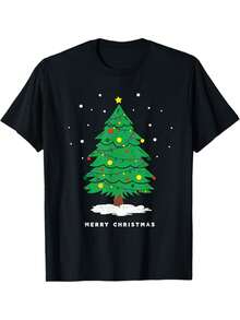 Camiseta de Hombre con Estampado Gráfico del Árbol Navideño en - Diseño Festivo Verde y Dorado para Fiestas, Cuello Redondo Manga Corta, Corte Relajado Ideal Para Reuniones Familiares o Atuendos Casuales – Confort Todo el Año, Regalo Perfecto (Lavable a Máquina) – Ropa Ligera De Algodón Suave Dibujada árbol navideños Y Copos Nieve. Temporadas Primavera/Verano/Otoño, Camiseta de Navidad,Camisetas Más Probables de Navidad,Camisetas de Navidad Más Probables - Negro - Ver 2