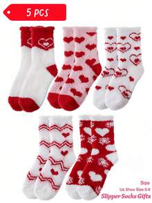 5双红白相间毛绒袜，情人节礼物，女士毛绒袜，闺蜜节礼物 - 彩色 - 查看 9