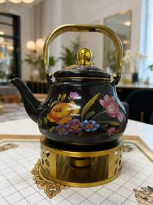 1pc,High Appearance Level Nostalgic Flower Enamel Kettle, Steel Handle Kettle, Household Boiling Kettle, Coffee Pot, Kitchen Gas, Induction Cooker Can Directly Heat Kettle, Gift Kettle For Elders And Relatives - Black Nostalgic Flowers - View 8