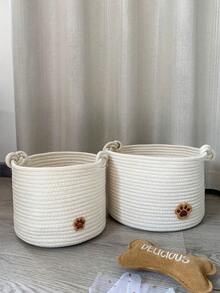 1pc Cartoon Woven Desktop Storage Basket, Pet Toy Retail Storage, Home Office Desk Storage Basket, Children's Room Snack Toy Storage, Holiday Gift Storage Basket, Available In M And L Sizes - White - View 1