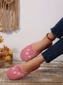 1 Pair Handmade Beaded Floral Retro Round Toe Slippers For Women, Comfortable Lightweight Indoor Slippers, Available In Black, Pink, And Multiple Colors, Plus Size - Watermelon Pink - View 5