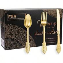 N9R 300pcs Gold Plastic Silverware Dinnerware Flatware - Heavyweight Plastic Cutlery Set With 100 Forks 100 Spoons 100 Knives For Elegant Party Thanksgiving Christmas Events Durable And Stylish Reusable Tableware - Gold - View 1