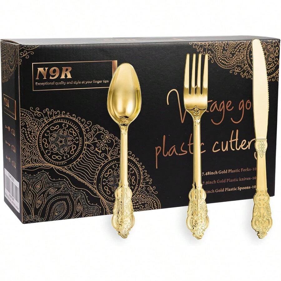 N9R 300pcs Gold Plastic Silverware Dinnerware Flatware - Heavyweight Plastic Cutlery Set With 100 Forks 100 Spoons 100 Knives For Elegant Party Thanksgiving Christmas Events Durable And Stylish Reusable Tableware - Gold - View 1