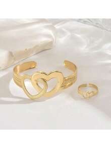 2pcs Women's Gold Hollow Heart Casual Jewelry Set, Suitable For Daily Wear - Gold - View 3