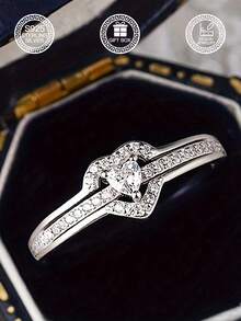 Anillo de joyería de plata de ley 925 con doble capa de corazón y círculo geométrico, adecuado para mujeres, joyería de boda, compromiso y novia, empaquetado en caja de regalo para el Día de San Valentín