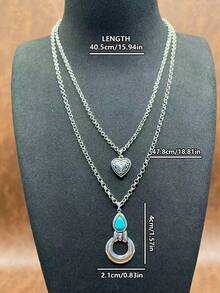 1 Set Vintage Bohemian Style Turquoise Pendant Necklace, Turquoise Earrings, 2-Layer Necklace Can Be Matched Freely, Versatile, Suitable For Casual Wear, All Seasons Jewelry, Suitable For Women And Girls To Match Daily Outfits, Party Accessories, Jewelry, Gift For Family/Friends/Yourself - Bohemian Style - View 2