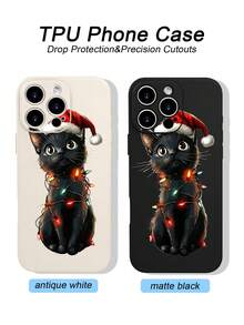 1PC Funda de teléfono TPU con diseño de gato negro con gorro navideño y luces de colores, estilo festivo y adorable, protección para lente, resistente a caídas, textura mate suave, ideal para mujeres, amantes de mascotas y celebraciones navideñas, regalo especial, compatible con iPhone16/15/14/13/12/11/XS/XR/X/PLUS/PRO/PROMAX, compatible con Galaxy A21/A24/A25/A32/A34/A35/A54/A55, Galaxy S20/S21/S22/S23/S24 Ultra, agarre cómodo, regalo de temporada para amigos, novia, novio, familia - Negro - Ver 6