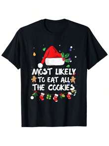 Funny Christmas T Shirt 'Most Likely To Eat All The '   Black Short Sleeve Cotton Tee With Santa Hat Design For Holiday Parties - Negro - Ver 1